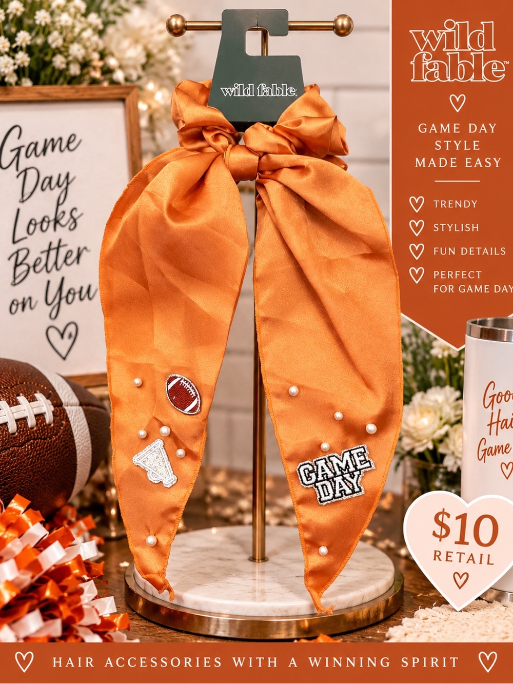 wild fable Orange Satin Game Day Hair Scarf with Pearl & Patch Details